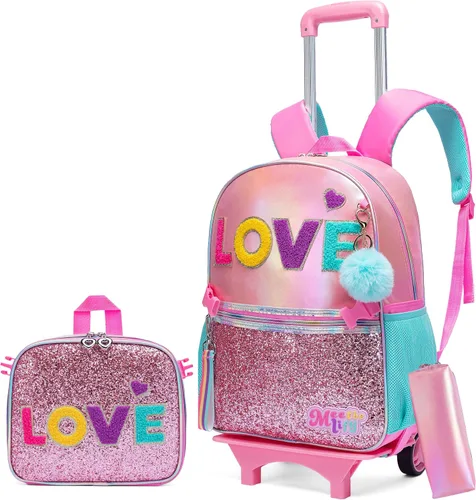 Miniatura 8 de Mochila con ruedas para niñas, mochila escolar con ruedas, bolsa escolar con bolsa de almuerzo y bolsa para lápices, mochila con ruedas para niños