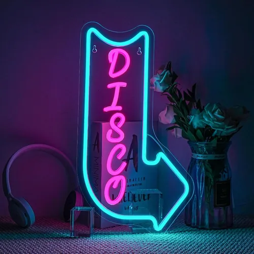 Looklight Letreros de neón de disco para decoración de pared, letrero de luz LED rosa y azul, letrero de neón con letras iluminadas USB, letrero de
