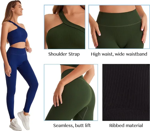Miniatura 4 de Yknktstc Conjuntos de entrenamiento para mujer, brasier deportivo acanalado sin costuras, traje de 2 piezas, cintura alta, gimnasio, yoga, leggings