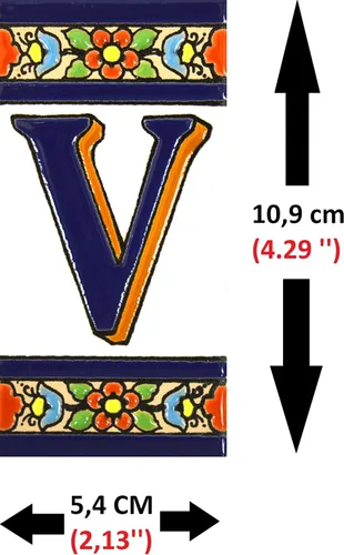Miniatura 2 de FLORES MEDIANO - Azulejos de letras de casa pintados a mano de 4,29" x 2,13" para letreros, direcciones y nombres Letra "V