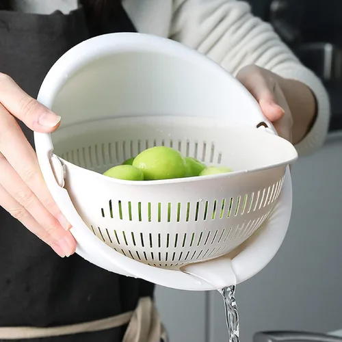Miniatura 5 de Cesta de drenaje doble Verduras Cesta de frutas giratorio Arroz Lavabo Colador de cocina Colador Colador (blanco)