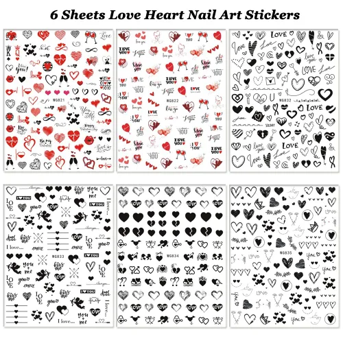 Miniatura 7 de SINSEN Calcomanías de uñas de corazón, 6 hojas de calcomanías de uñas de corazones para mujeres, calcomanías autoadhesivas 3D para arte de uñas
