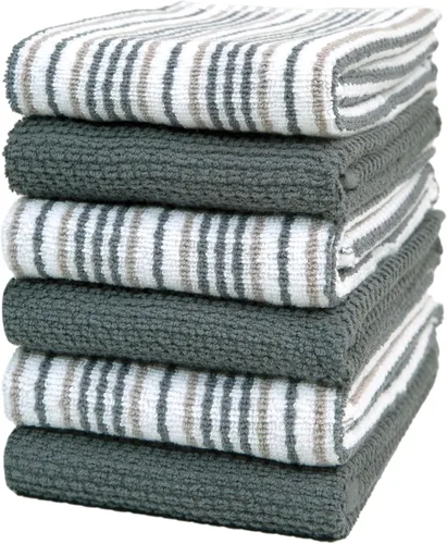 Toallas de cocina de 16 x 26 pulgadas, paquete de 6 paños de cocina grandes de algodón, diseño de rayas de palomitas de maíz, 430 GSM, altamente Gris