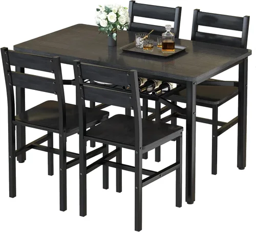 Miniatura 10 de Juego de mesa de comedor Hooseng para 4, juego de mesa y sillas de cocina de madera con almacenamiento, juego de mesa de comedor de 5 piezas