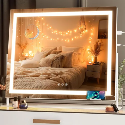 Miniatura 21 de Hasipu Espejo de tocador con luces, espejo de maquillaje LED de 24.2 x 19.7 pulgadas, espejo iluminado con aumento de 10 veces y USB, soporte