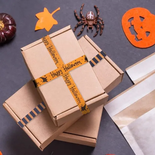 Miniatura 4 de 4 rollos de cintas de grogrén de 20 yardas, estampado de calabaza de Halloween, tela de araña satinada, rayas negras y naranjas, cintas de envoltura