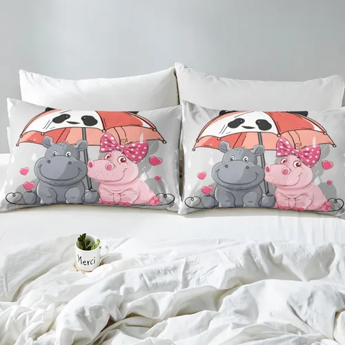 Miniatura 4 de Erosebridal Juego de ropa de cama de hipopótamo de dibujos animados Kawaii Panda Umbrella para niños y niños, lindas sábanas de cama para amantes