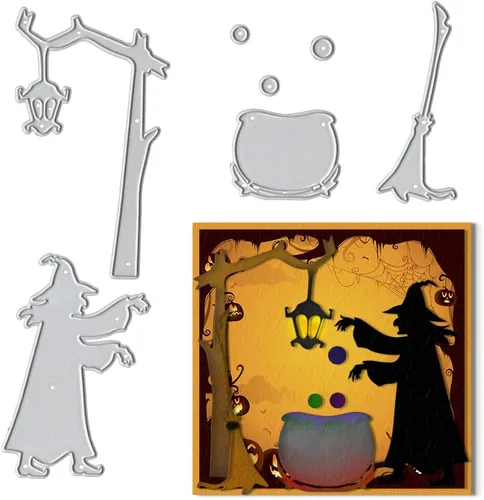 Threetols Troqueles de metal para cortar brujas de Halloween, fondo de árbol, plantillas troqueladas de monstruo de metal para hacer tarjetas,