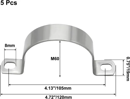 Miniatura 3 de Paquete de 5 correas de tubo M60 de acero inoxidable 304 con abrazadera en U, 2 agujeros rígidos para tuberías (5 unidades, 2.236 pulgadas)