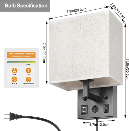 Miniatura 3 de CADUKE Juego de 2 lámparas de pared para mesita de noche, aplique de pared enchufable con puerto de carga USB y salida de CA, lámpara de pared Negro