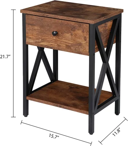 Miniatura 3 de SUPER DEAL Juego de 2 mesitas de noche con cajón y estante de almacenamiento, mesita de noche industrial, marco en X de metal resistente