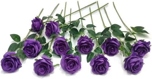 Miniatura 7 de Higfra Flores artificiales, 25 piezas de rosas falsas de espuma de color morado oscuro de aspecto real con tallos para ramos de boda, centros
