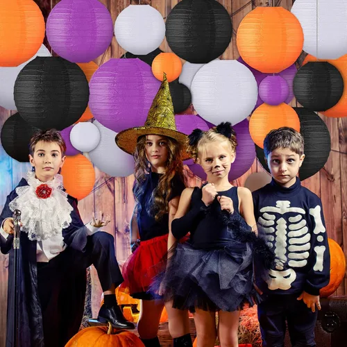 Miniatura 6 de VIHOSE 16 linternas de papel colgantes de Halloween, linternas de papel redondas, decorativas, naranja, morado, negro, blanco, para Halloween