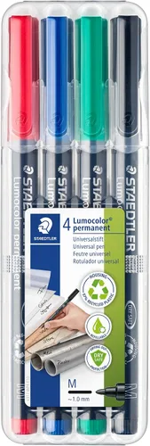 STAEDTLER Lumocolor - Bolígrafo universal, mediano, punta de fieltro, marcador permanente, caja de 4 bolígrafos de colores surtidos, 0.039 in 317