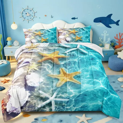 Miniatura 3 de BDUCOK Twin Size Ocean Starfish Comforter Set Teal Turquoise Beach Bedding with Seashell Print Coastal Nautical Bedroom Decor All Season 3005Twin