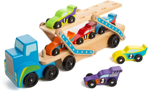 Miniatura 4 de Melissa & Doug Mega Race-Car Carrier - Tractor y remolque de madera con 6 coches de carrera únicos