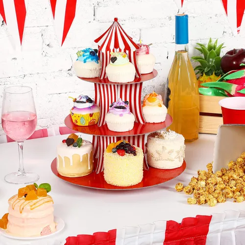 Miniatura 7 de Amyhill 2 soportes para cupcakes de carnaval de cartón de 3 niveles, soporte para cupcakes de circo a rayas rojas y blancas para exhibiciones