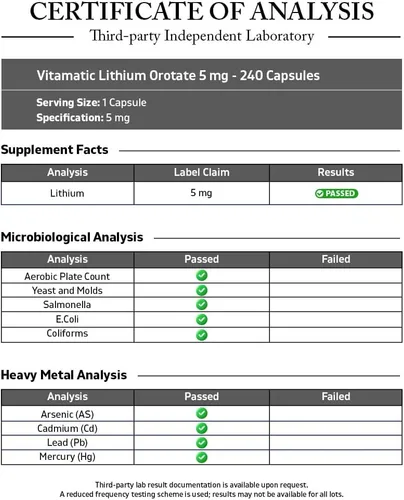 Miniatura 3 de Vitamatic Orotato de litio de 5 mg, 240 cápsulas vegetales, sin OMG, sin gluten.