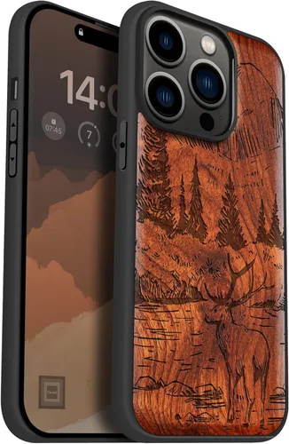 Miniatura 13 de Carveit Funda magnética de madera para iPhone 14 Pro, madera natural y TPU suave negro, funda protectora a prueba de golpes, funda de madera única