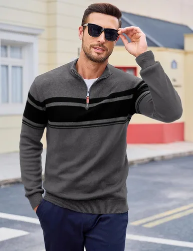 Miniatura 22 de MAGCOMSEN Suéteres de algodón con cremallera de 1/4 para hombre, suéter tipo polo, a rayas, para otoño e invierno, sudaderas cálidas