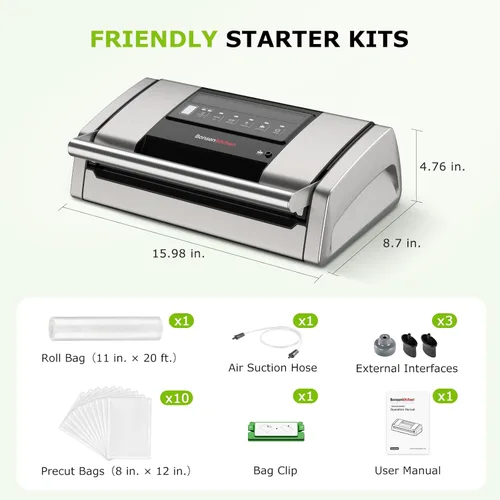 Miniatura 7 de Bonsenkitchen Sellador al vacío para alimentos, máquina selladora al vacío con mango de fácil bloqueo con clip para bolsa, cortador integrado