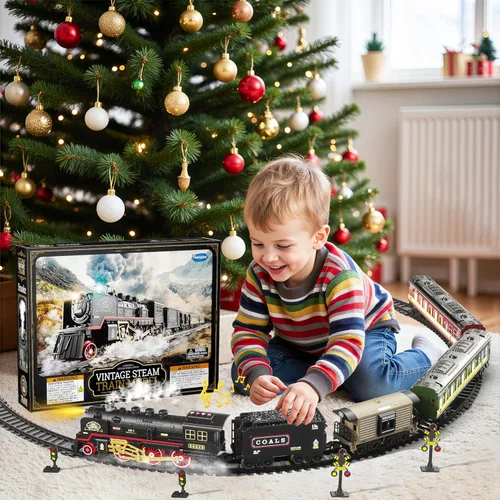 Miniatura 3 de Funwee Juego de tren con vagones de pasajeros brillantes para debajo del árbol de Navidad, juguete de tren eléctrico con humo, luz y sonido, idea