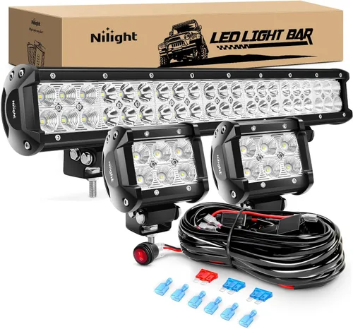 Nilight - ZH001 20 pulgadas 126W Spot Flood Combo Led Off Road Led Light Bar 2PCS 18w 4inch Flood LED Pods con 16AWG cableado arnés Kit-2 plomo, 2