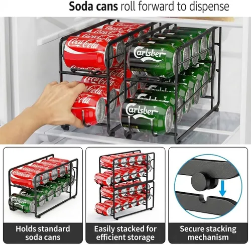 Miniatura 5 de Canyave Organizador de latas de soda, estante de almacenamiento, paquete de 2, dispensador de bebidas apilable, organizador para latas de soda, Negro