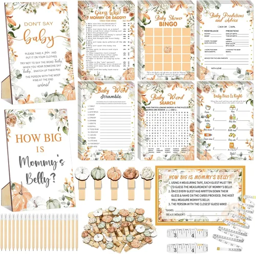 Miniatura 12 de Funnymoom Juego de 426 juegos de baby shower con lazo rosa, 8 juegos, incluye bingo de baby shower, precio correcto, adivina quién, revuelto