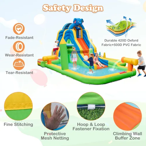 Miniatura 3 de BOUNTECH Tobogán acuático inflable, tobogán de surf de elefante, parque acuático para niños, castillo hinchable con 2 piscinas de chapoteo, cueva