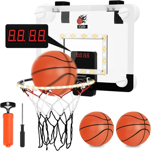 CYFIE Mini aro de baloncesto para interiores para niños con luz LED, ventosa/aro de baloncesto sobre la puerta con marcador y 3 bolas, juguetes de