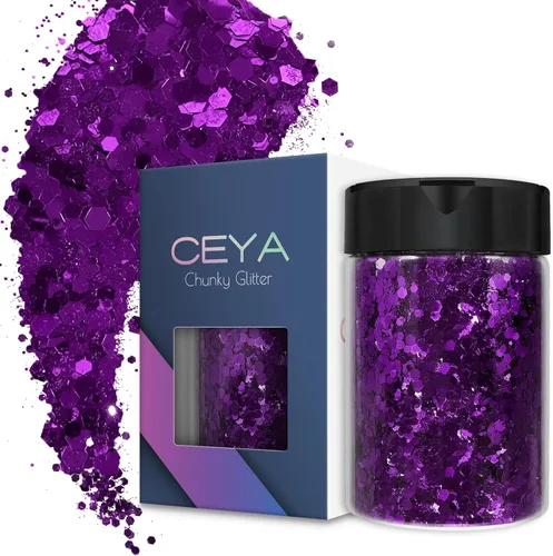 Ceya - Purpurina gruesa, 140 g / 4.9 oz de polvo de purpurina para manualidades, color lila aubergine, con copos finos, lentejuelas iridiscentes 4.9