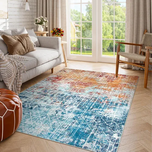 Miniatura 8 de Zealude Alfombra abstracta lavable para sala de estar, de 5 x 7 pies, color verde azulado y naranja, alfombra bohemia antideslizante, moderna