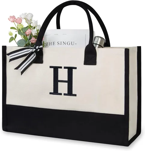 Miniatura 204 de TOPDesign - Bolso de playa de lona con inicial personalizada, bolsa de regalo con monograma, para mujer