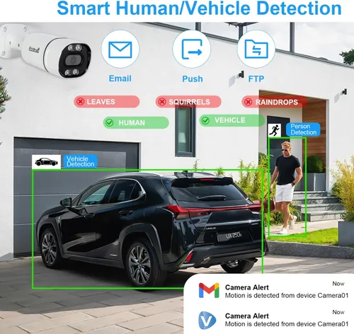 Miniatura 4 de JideTech Cámara bala IP PoE de 5MP para exteriores, visión nocturna IR/color de 120 pies, audio de 2 vías, detección de vehículos y humanos AI