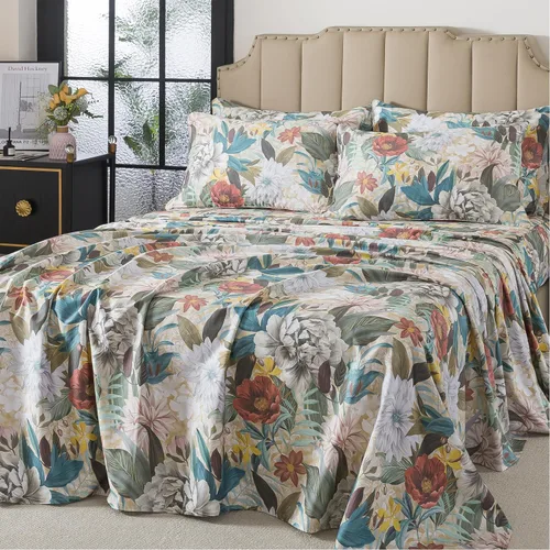 Miniatura 21 de FADFAY Juego de sábanas tamaño King, 100% algodón, elegante ropa de cama de granja con hojas verdes menta y flores blancas, sábana suave