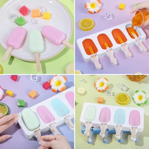 Miniatura 4 de Ouddy moldes de silicona para paletas con tapa, 2 moldes para paletas para niños, 4 cavidades, moldes ovalados para helados con 50 palitos