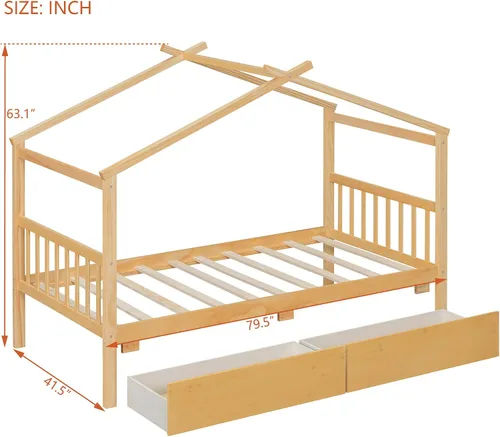 Miniatura 2 de JIVOIT Cama de plataforma de madera con dos cajones, cama de casa tamaño individual con diseño de techo, patas de pino macizo, cabecera y estribo