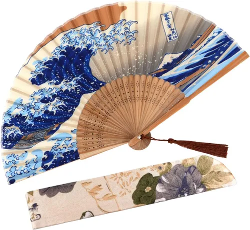 Miniatura 8 de Ventilador de mano plegable para mujer, estilo chino japonés vintage, de seda de bambú, 15 x 8.3 pulgadas, con borla y bolsa para fiesta, boda