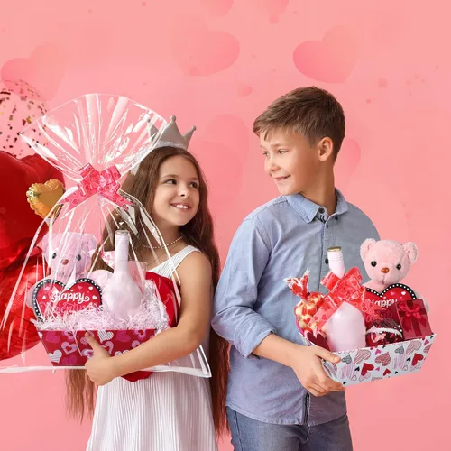 Miniatura 6 de Tatuo Juego de 12 cestas de San Valentín para regalos vacías con bolsas de celofán, bandeja de mercado de corazón de San Valentín, lazos, kit