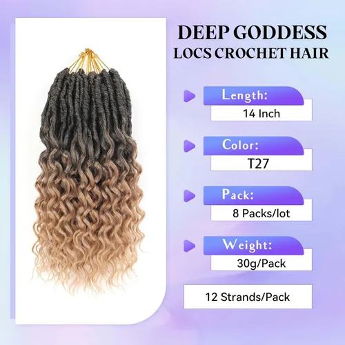 Miniatura 2 de Cabello de Ganchillo Goddess Locs de 14 Pulgadas 8 Paquetes Nuevos Faux Locs Suaves Trenzas de Ganchillo Ondas Profundas Extensiones de Cabello T27.