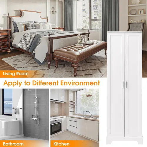Miniatura 6 de Armario de almacenamiento/despensa, almacenamiento alto de madera con dos puertas con estantes ajustables, armario de despensa de cocina Blanco