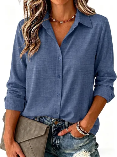Miniatura 22 de Zeagoo Blusa para mujer, de manga larga, con botones, casual, ligera, lisa/estampada