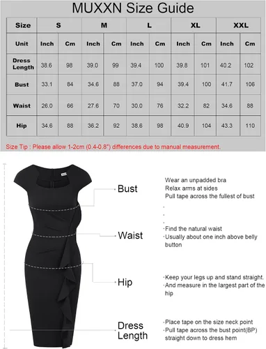 Miniatura 7 de MUXXN Vestido de tubo para mujer, estilo vintage, con cuello cuadrado, manga casquillo, volantes, para trabajo, negocios, bodycon
