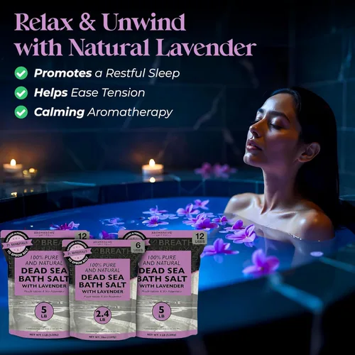 Miniatura 6 de Aromasong Sal pura del mar muerto para remojar con lavanda 100% natural, 19 libras, sal de baño de spa de grano fino, exfoliante de lavado corporal