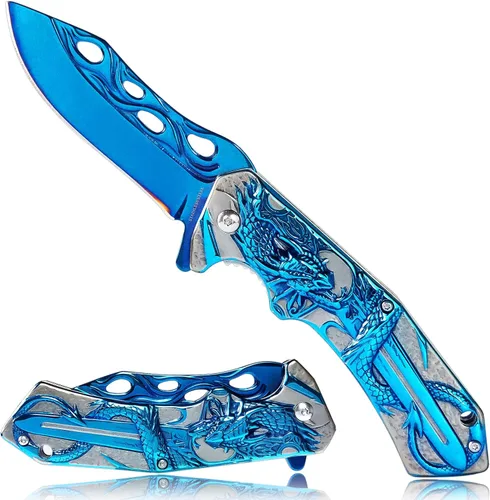 Miniatura 8 de Vividstill Navaja de bolsillo para hombres, genial cuchillo plegable de bolsillo 3D DRAGÓN con clip, gran regalo EDC para hombres, ideal para Dorado