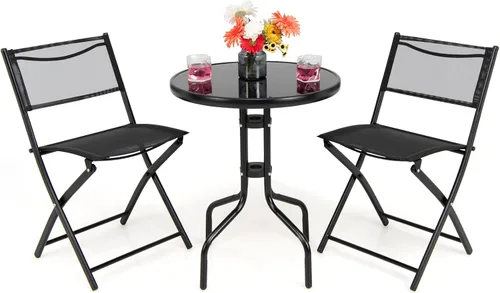 Tangkula Juego de 3 piezas plegables para patio, sillas plegables y mesa con mesa de vidrio templado, mesa redonda y sillas plegables, juego de