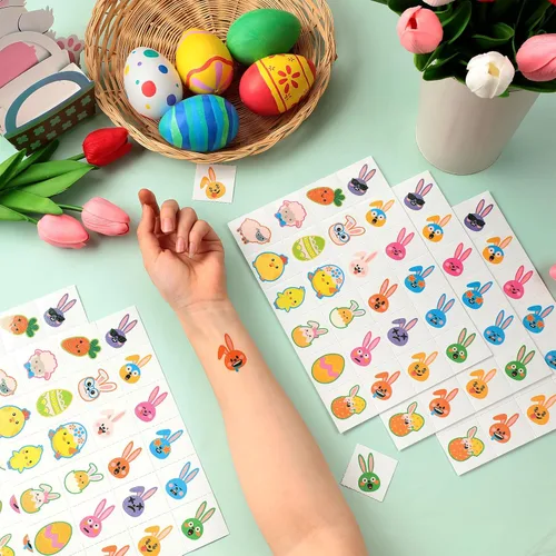 Miniatura 4 de Nosiny 240 piezas de tatuajes temporales con purpurina de Pascua, huevos de conejito feliz, pollo, zanahoria, accesorios de ropa, calcomanías