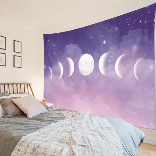 Miniatura 32 de HVEST Tapiz de fase lunar para colgar en la pared, cielo morado con nubes, estrellas, decoración de pared celestial, paisaje natural, decoración