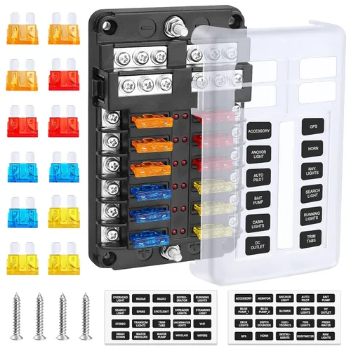 ELECTOP Bloque de fusibles de hoja de 12 vías, 12 circuitos con soporte de caja de fusibles de bus negativo con indicador LED, cubierta de